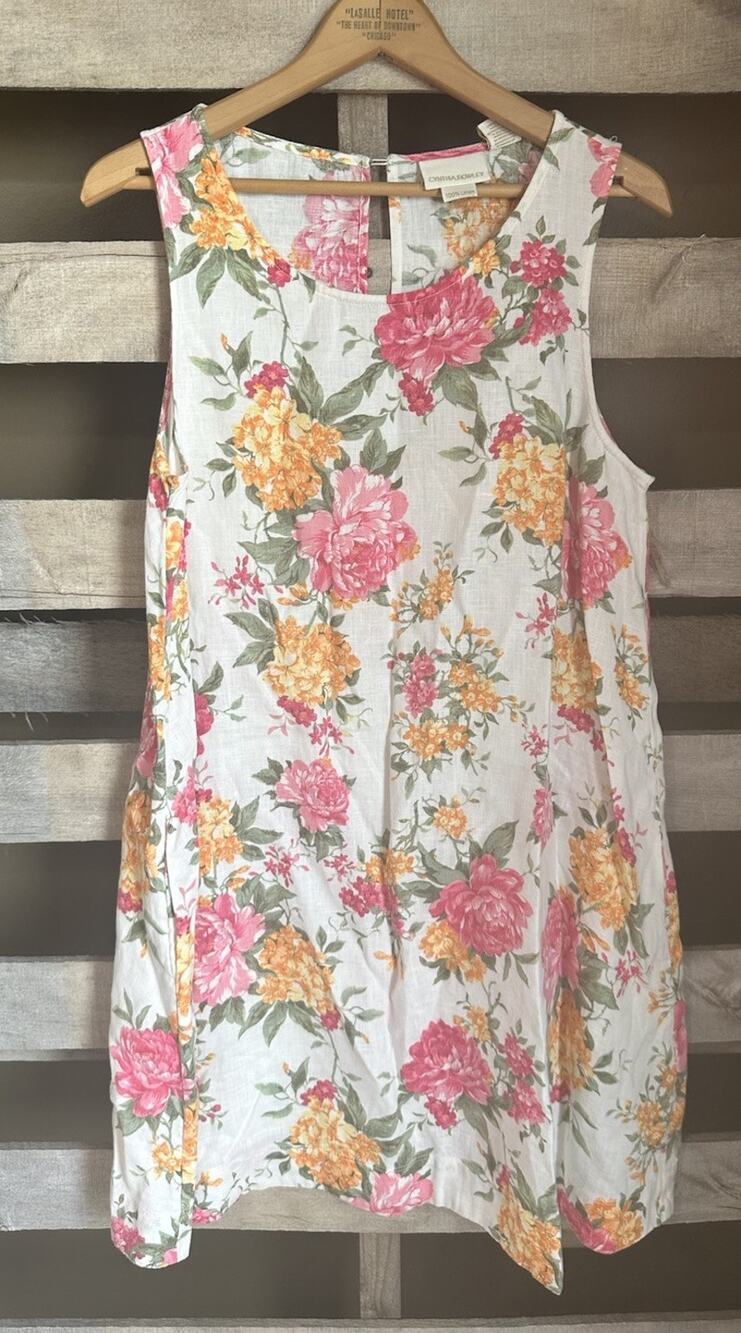 Cynthia Rowley 100% Linen Floral Print Tank Dress Size Medium Pockets